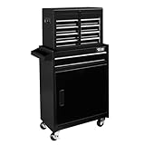 Bonnlo 2 in 1 Werkstattwagen mit 1 verstellbare Schrank & 5 Schubladen,Werkzeugwagen mit seitliche Werkzeugablage,Schnalle, Griff, Schubladensperrstange, Werkstattschrank 58x33.5x70 cm, Schwarz