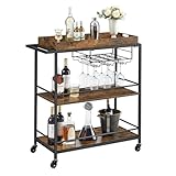 VASAGLE Servierwagen, Küchenwagen, abnehmbares Tablett, mit verstellbaren Füßen und Rollen, Küchenregal, Stahlrahmen, 40 x 88 x 96 cm, Industrie-Design, vintagebraun-schwarz LRC093B01