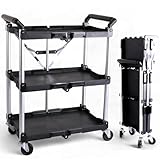 Pallit Serve Servierwagen mit Rollen 75 kg Tragkraft 3 Ebenen, klappbarer Küchenwagen, Rollwagen aus Metall 600 x 380 mm für Küche, Büro, Werkstatt