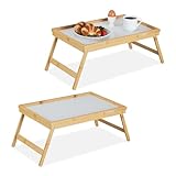 2 x Relaxdays Betttablett klappbar, Tablett mit Füßen, Frühstück im Bett, Bambus & MDF, 23,5 x 63 x 31 cm, Natur/weiß