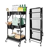 homeguru Beistellwagen 3 Etagen Küchenregal, klappbar Servierwagen mit Rollen, Metall-Stauraumwagen, Küchenwagen mit Griffen, Rollwagen Küche Trolley Kunststoff, Platzsparendes Badregal, Schwarz