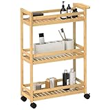 HOMCOM 3-stöckiger Servierwagen aus Bambus, Küchenwagen mit Rolle, Allzweckwagen mit Griff, Lagerwagen für Büro, Wohnzimmer, Küche, 55 x 20 x 75 cm, Naturholz