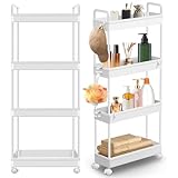 VickyHome Badregal Schmal 90,7 cm Groß Mini Regal，38.8x12.5x90.7cm Badezimmerregal Schmales Regal Bad mit 3 Haken Und 360° Drehbare Räder für Snacks, Mutter, Weiß