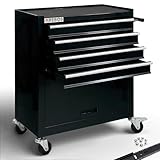 Arebos Werkstattwagen 4 Fächer + großes Fach für Werkzeug Kratzfeste Oberfläche | inkl. Antirutschmatten | kugelgelagerte Schubladen Interlock-System | 2 Rollen mit Feststellbremse | Schwarz