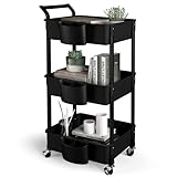 HBTower Servierwagen Küchenwagen 3 Etagen, Utility Cart Rollwagen mit Rollen und 3 Ablagen, Mehrzweckwagen für Küche Make-up Badezimmer Büro, Schwarz