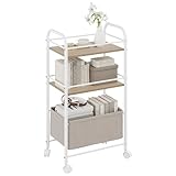 YITAHOME 3-stöckiger servierwagen, rollbarer Küchenwagen mit Holzbrett, Metallgerüst und geflochtenem Korb, rollwagen mit feststellbaren Rollen, Griff, Bücherwagen für Büro, Wohnzimmer(Weiß)